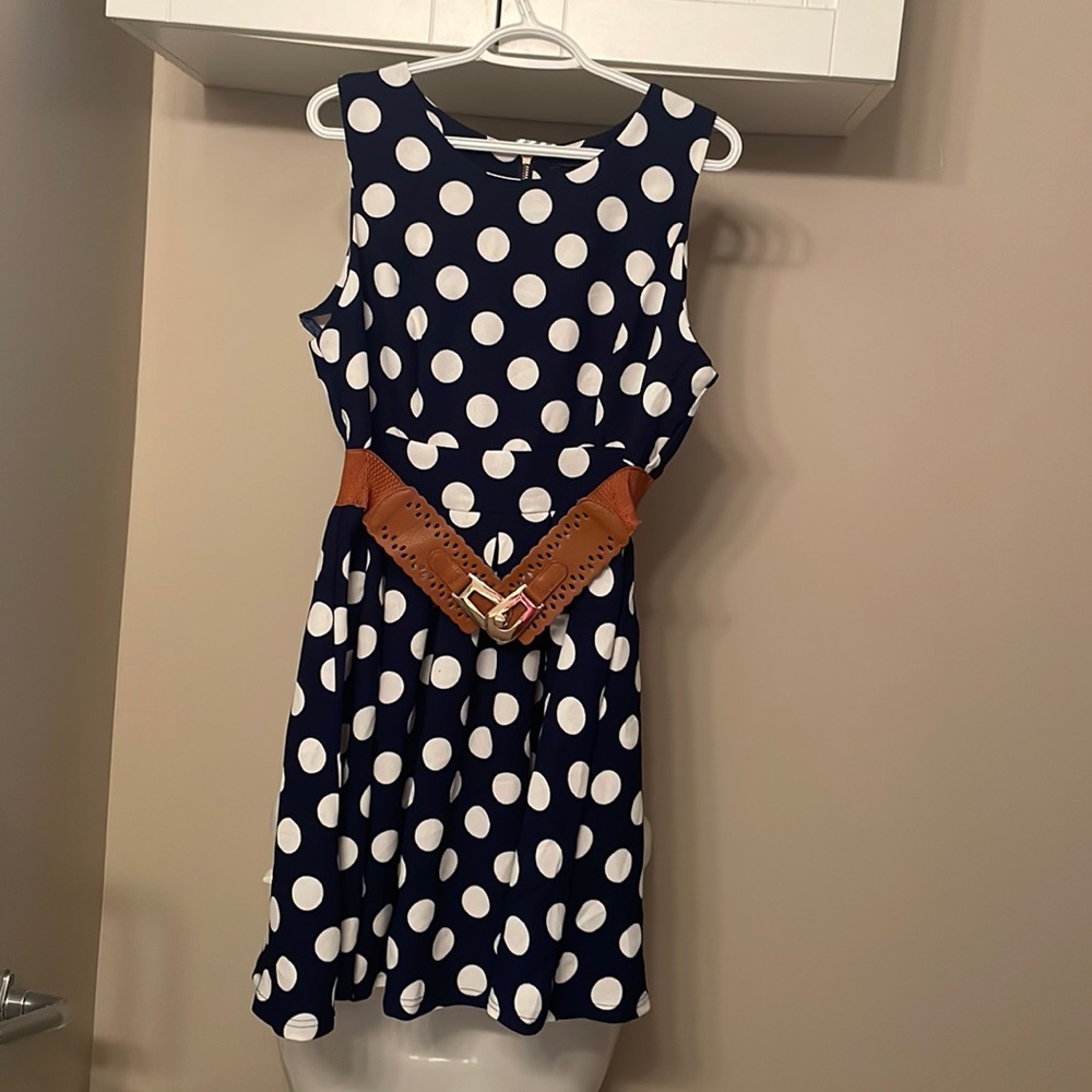 Xtaren Plus Navy Poka Dot Belted Dress